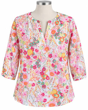 Talbots Women's LARGE Floral 100% Cotton Tunic Top 3/4 Sleeve V-Neck Pleated NEW